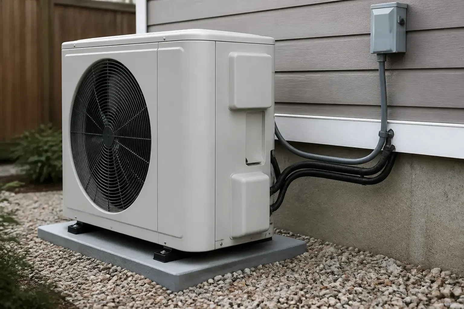 Heat pump condenser installed beside a home
