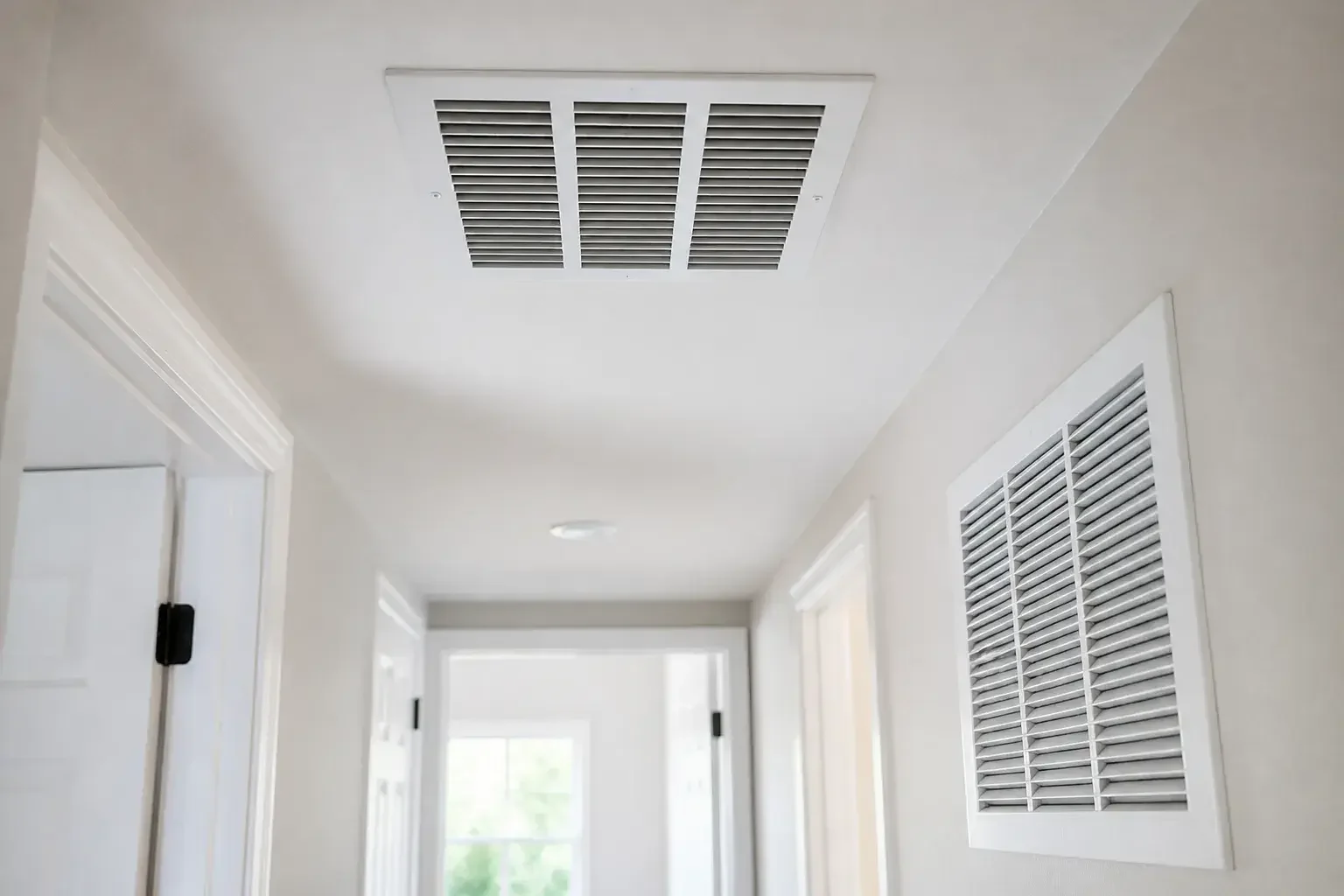 Clean return grille in a bright hallway